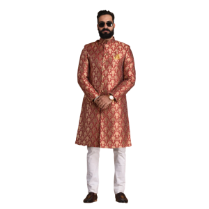 Golden Red Maharaja Sherwani - Banarasi Silk Brocade | Royal Wedding | Jaipurio